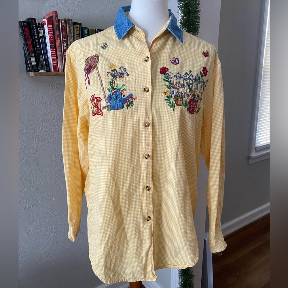 Vtg Yellow Micro Plaid Floral Garden Embroidered Granola Girl Cottagecore Top M